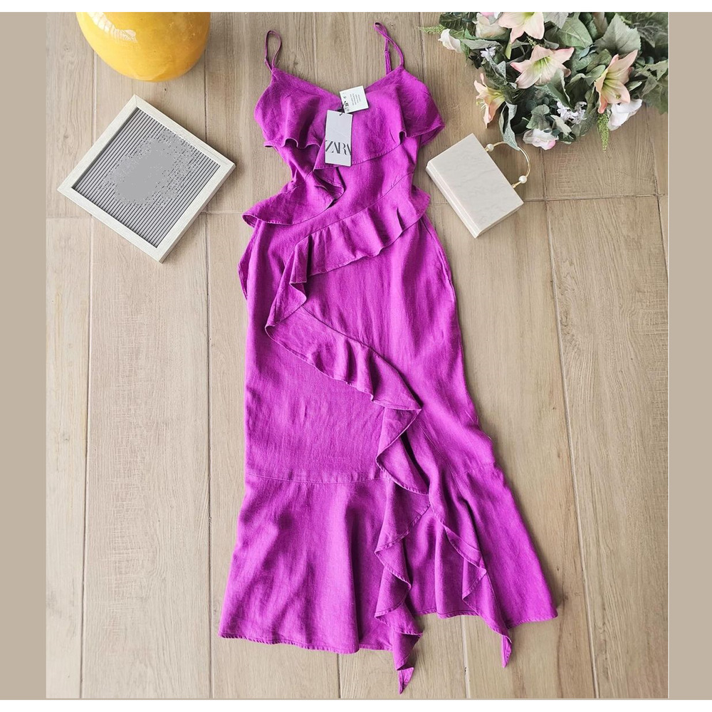 ZARA Purple Linen Blend Ruffle Midi Dress NWT Wedding Guest Resort - Picture 15 of 16